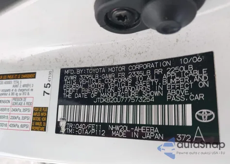 2007 Toyota Prius z USA, uszkodzony, nr VIN JTDKB20U777573254